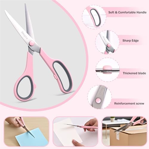 Scissors, Rkqoa 8" Adult Scissors All Purpose 6 Pack - Comfort-Grip Sharp Shears for Office School Sewing Fabric Craft Art Supplies, Teacher/Class Everyday Use, Right/Left Handles - Image 4